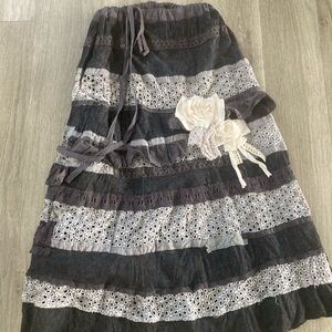 Hand Crafted Gray Tiered Boho Maxi Skirt with Lace Flowers